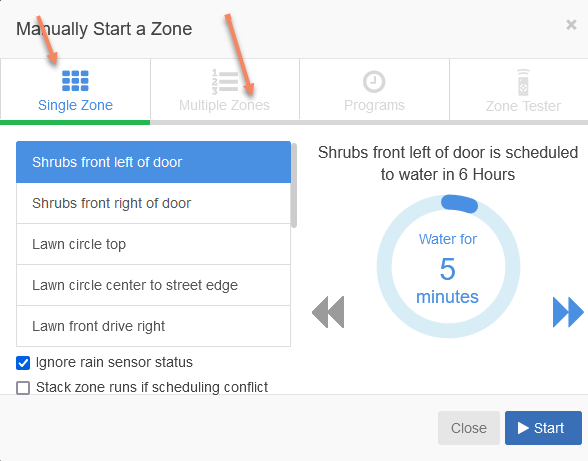 Hydrawise manually start a zone screen